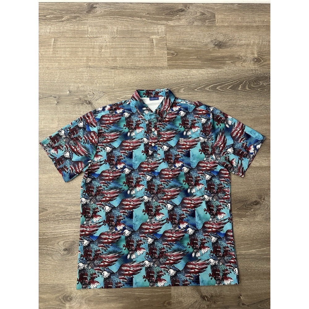 HRESKI Golf Polo Shirt Mens XL Colorful All-Over Print American Eagles USA Flag
